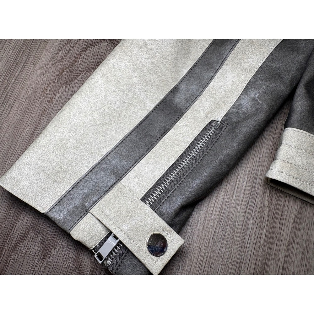 Superdown Womens Moto Jacket Grey Cream Distressed Faux Leather Racer Size M - Picture 14 of 14